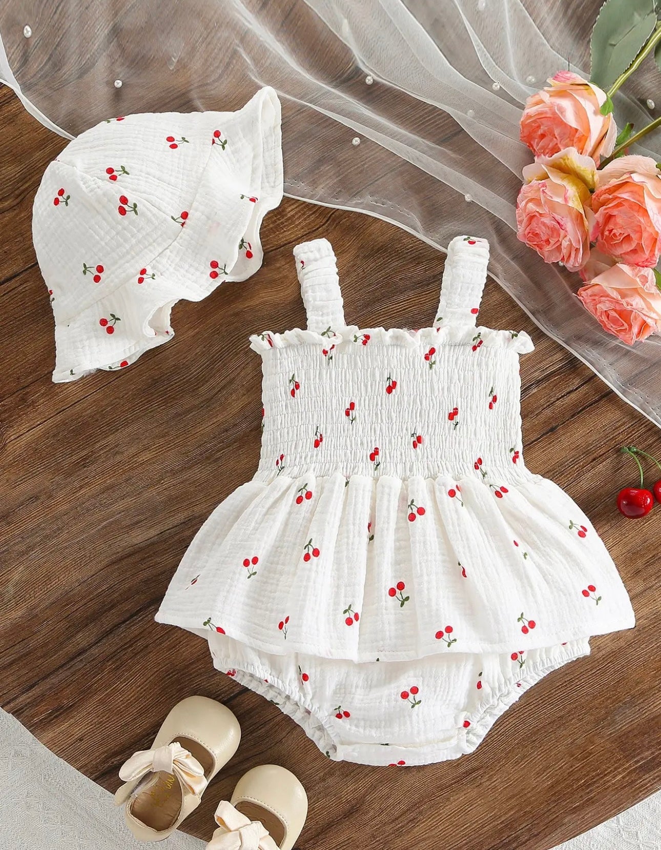 Cherry Smocked Baby Romper w/Hat