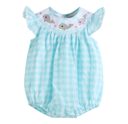 Turquoise Gingham Whale Smocked Bubble Romper