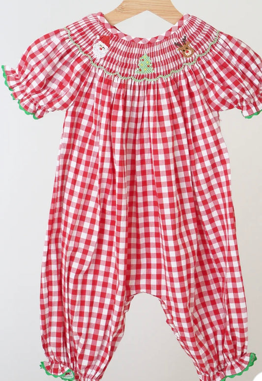 Red Christmas Smocked Gingham Romper