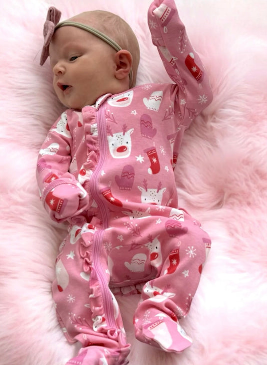Reindeer Pink/Organic Frill Zip Footie