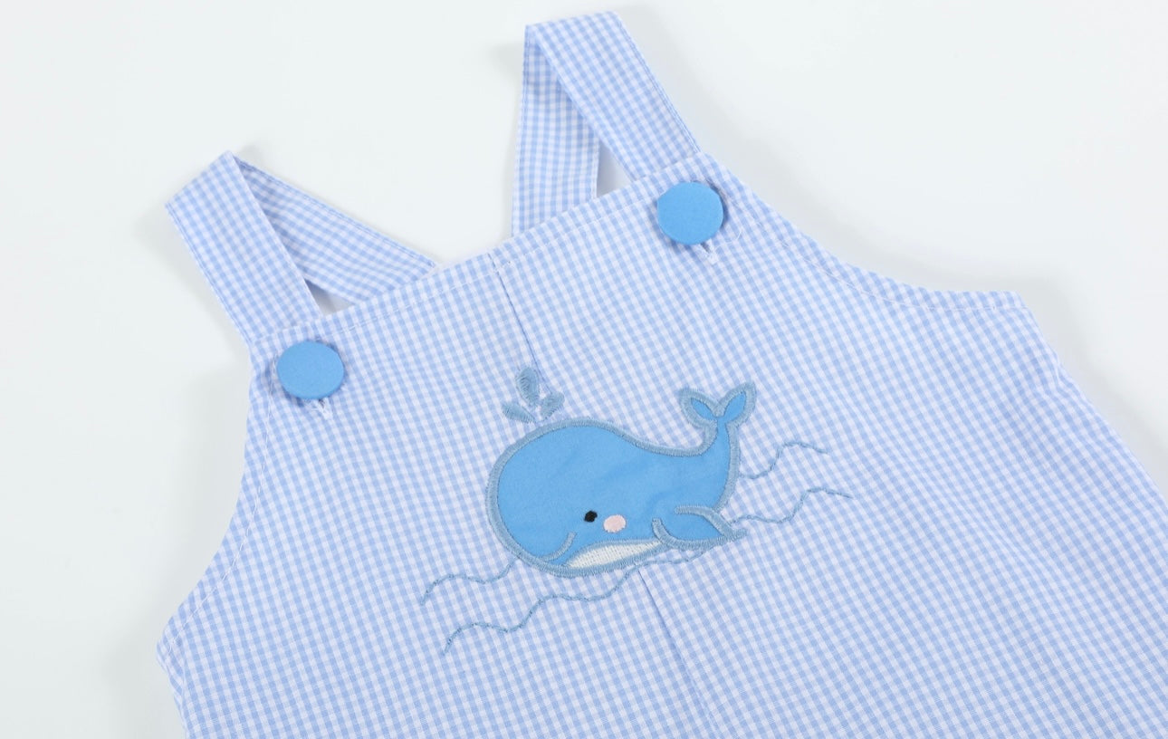 Blue Gingham Whale Overall Shortalls