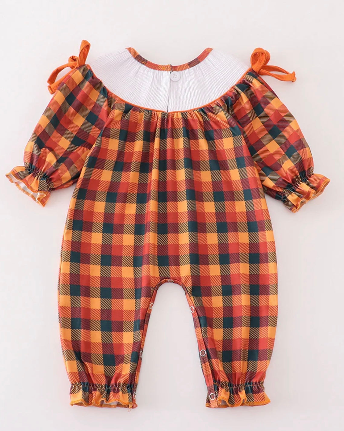 Orange Turkey Embroidered Plaid Smocked Romper
