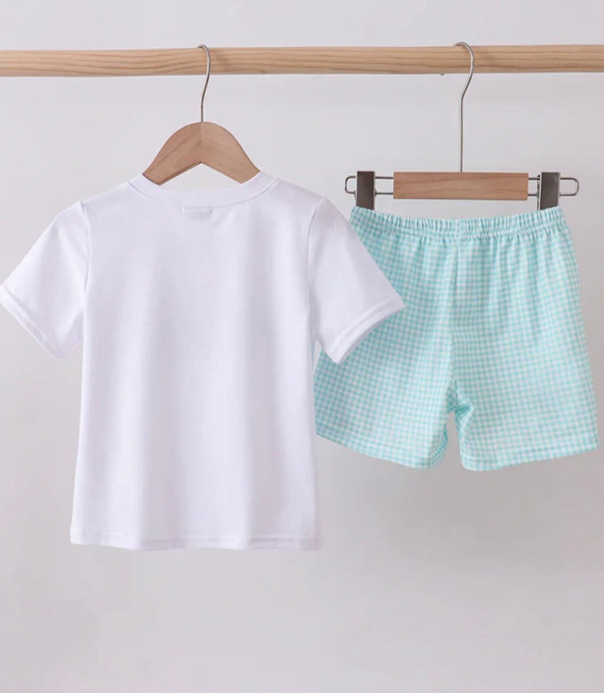 Blue Seashell Embroidered Shorts Set