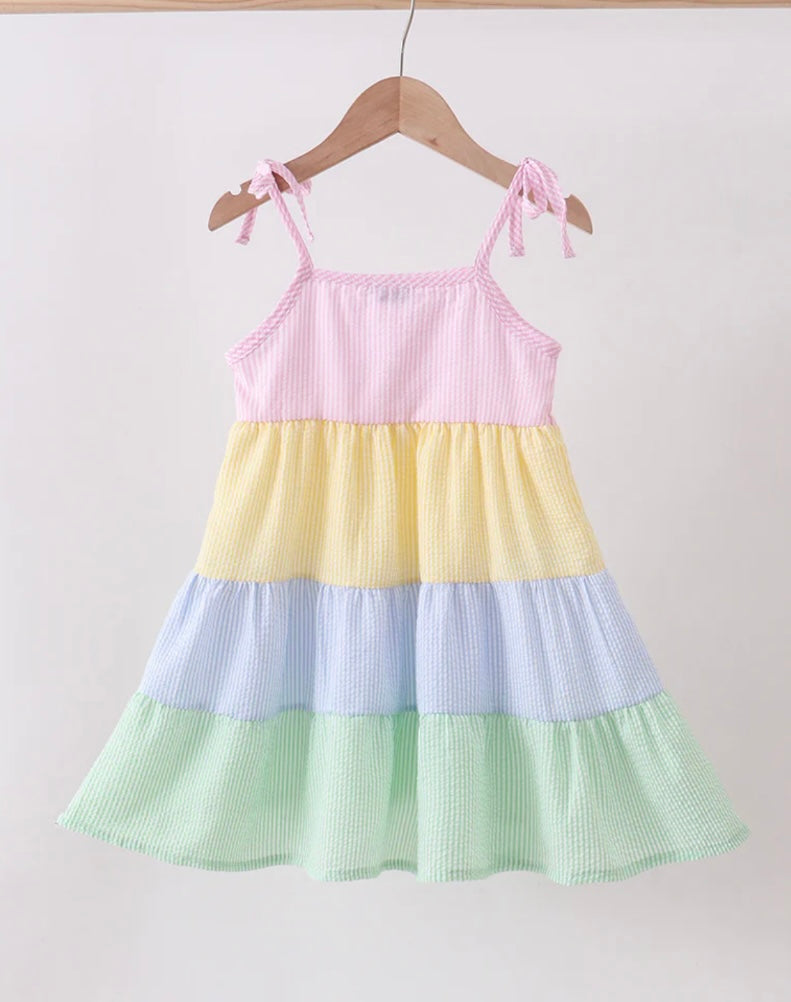 Blue Stripe Seersucker Tiered Dress