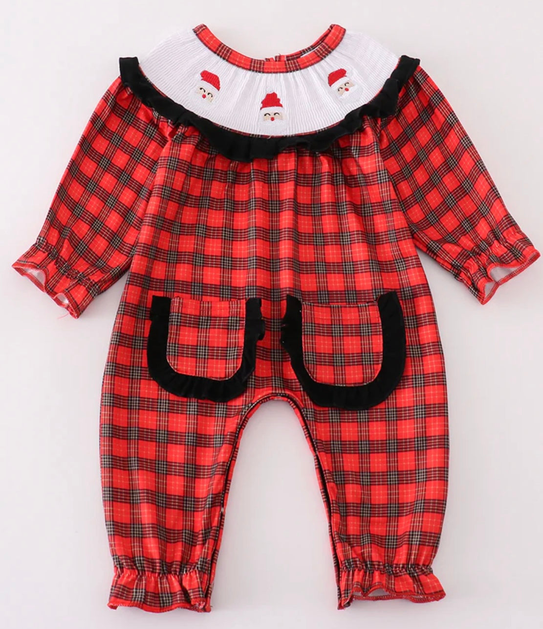 Red Santa Embroidery Smocked Plaid Romper