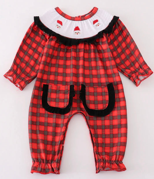 Red Santa Embroidery Smocked Plaid Romper