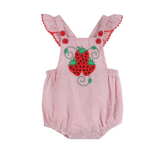 Red Seersucker Strawberry Ruffle Romper