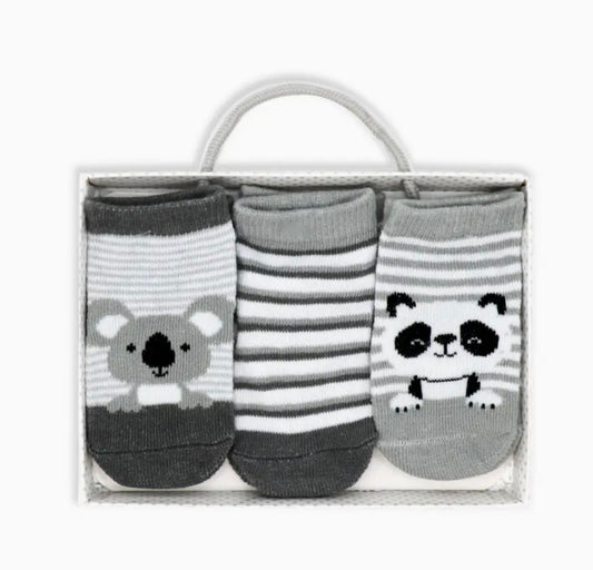3 Pack Animal Face Socks | Grey