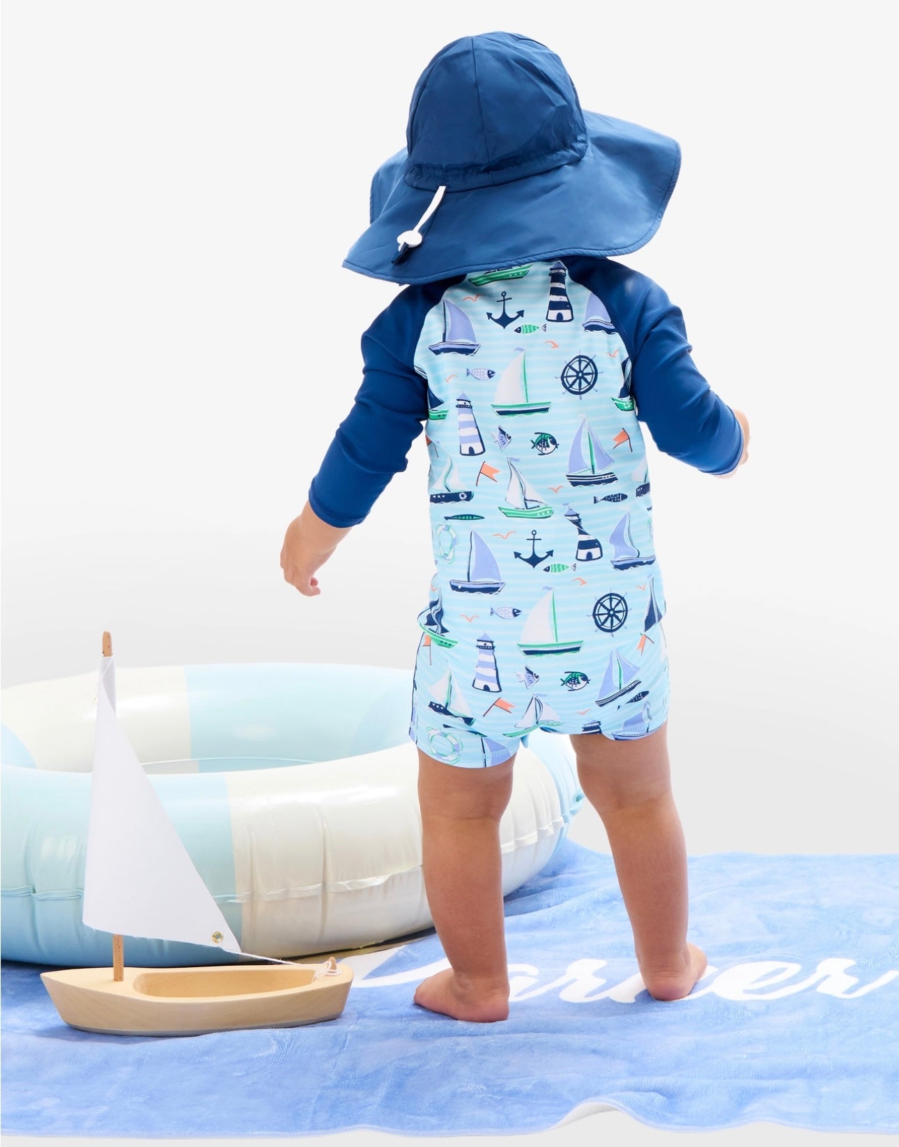Blue Sweet Sails Boys Long Sleeve Rash Guard Swimsuit