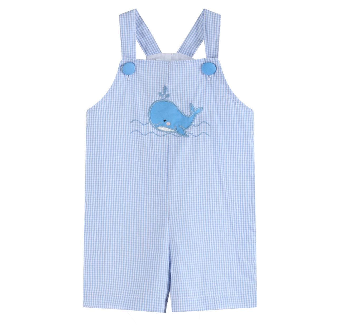 Blue Gingham Whale Overall Shortalls
