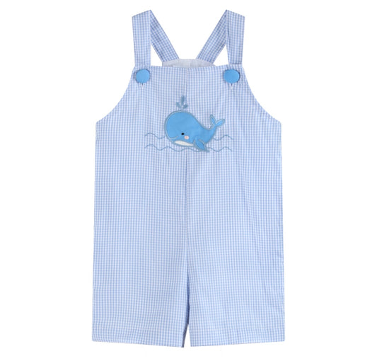 Blue Gingham Whale Overall Shortalls
