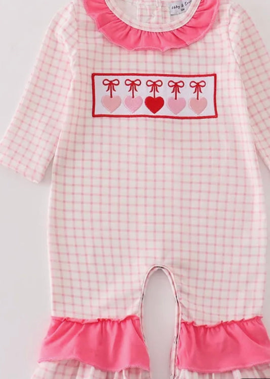 Pink Plaid Heart Embroidered Romper