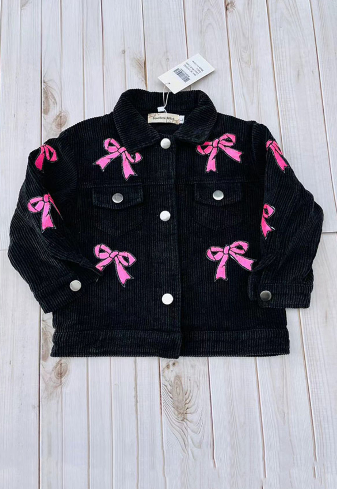 Pink Sequin Bow Black Corduroy Jacket