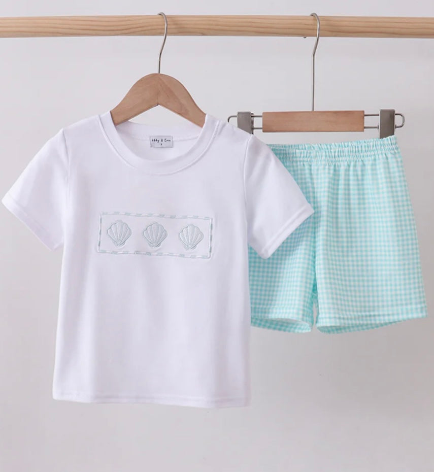 Blue Seashell Embroidered Shorts Set