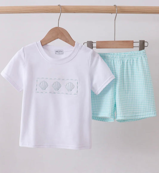 Blue Seashell Embroidered Shorts Set
