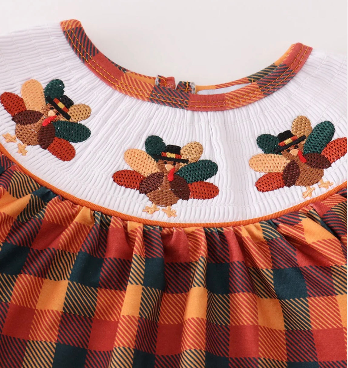 Orange Turkey Embroidered Plaid Smocked Romper