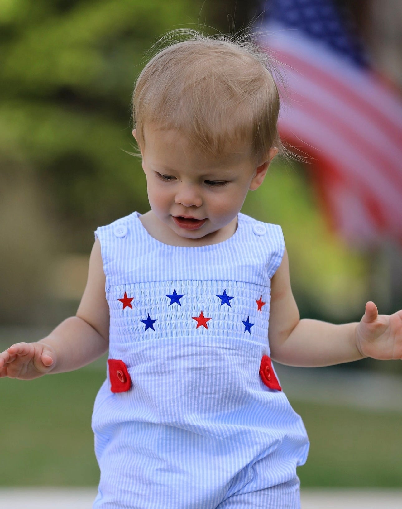 4th of July Boy's Smocking Star Embroidered Romper
