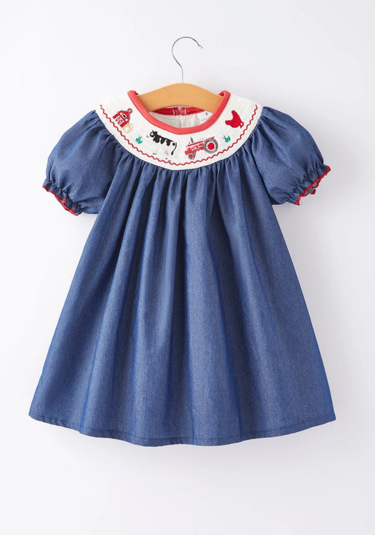 Farm Smocked Embroidered Blue Dress