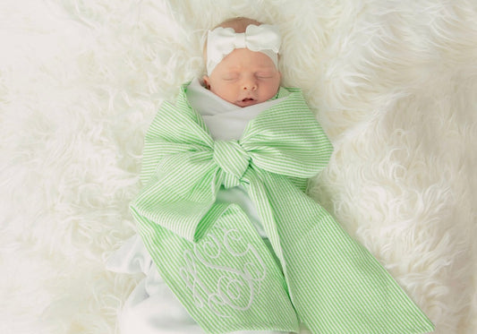Green Seersucker Bow Swaddle Blanket