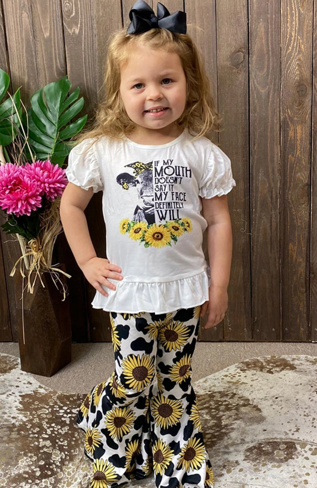 Cow & Sunflower White Top Bell Bottom Set