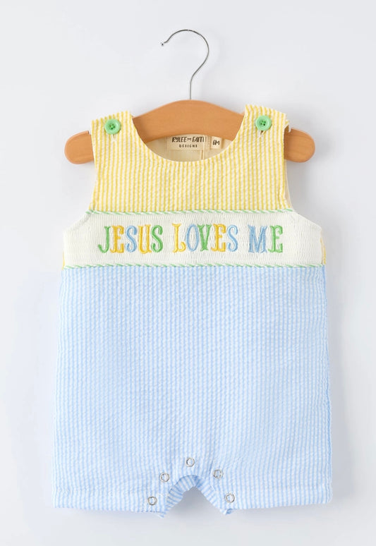 "Jesus Loves Me "Embroidered Baby Boy Romper
