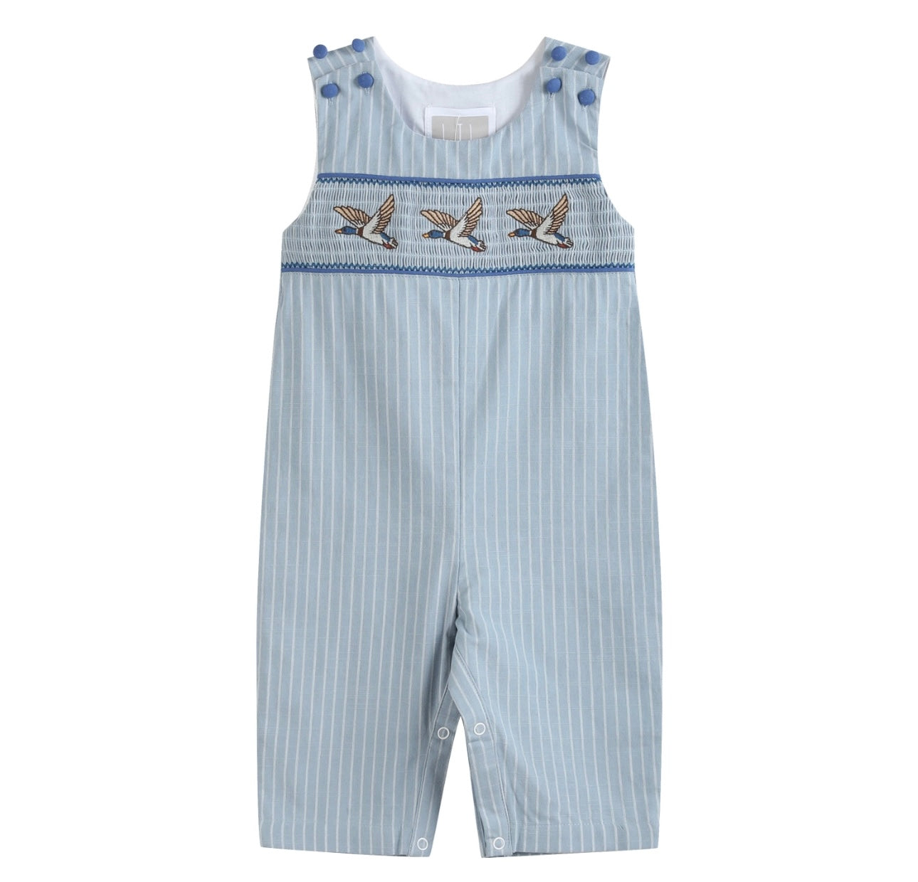 Blue Pinstripe Mallard Duck Smocked Overalls