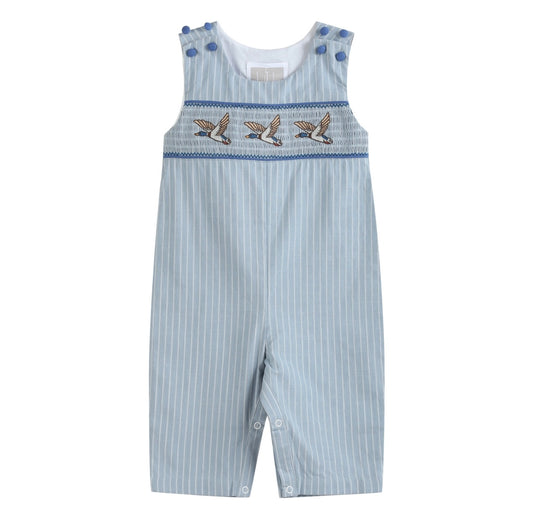 Blue Pinstripe Mallard Duck Smocked Overalls