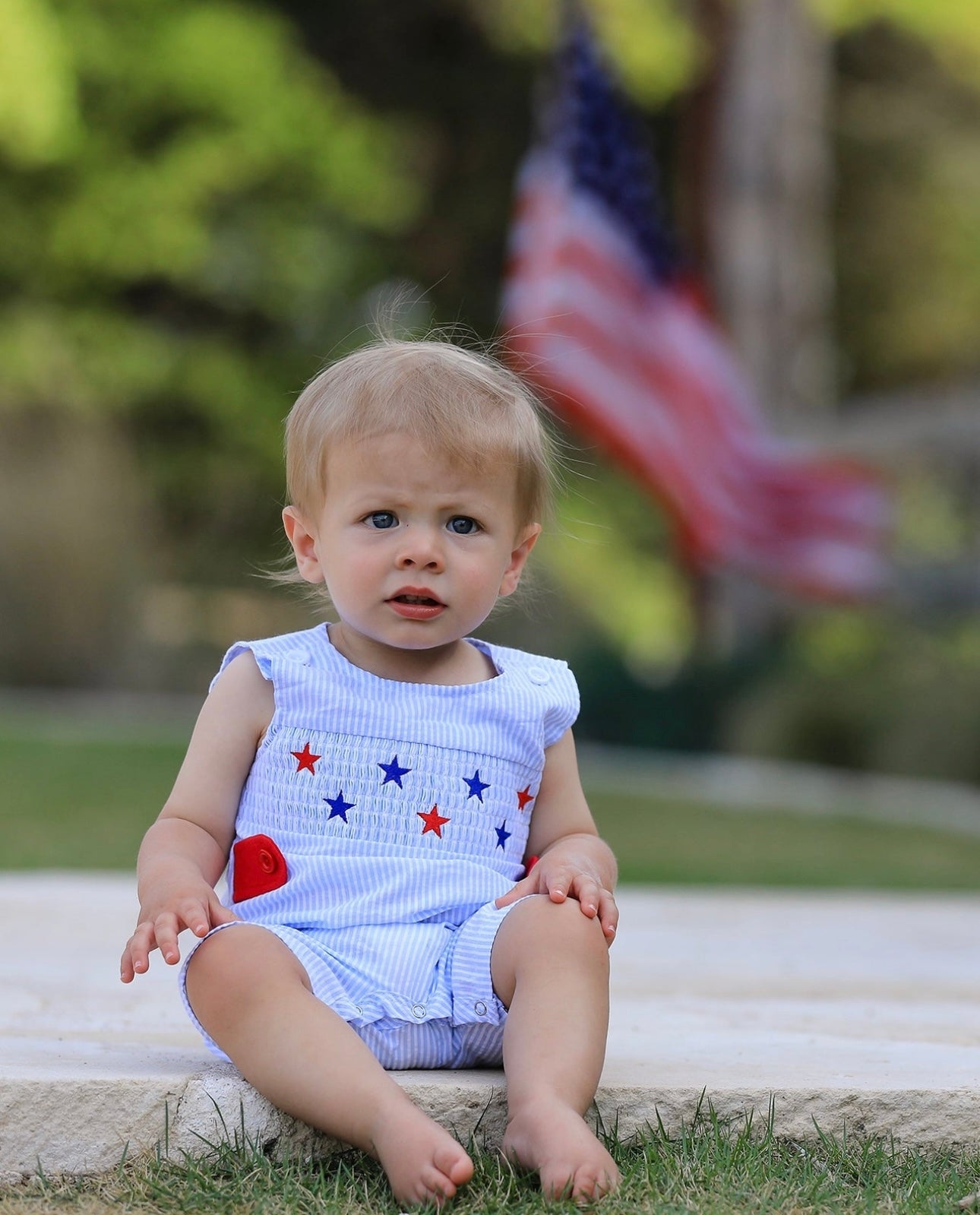4th of July Boy's Smocking Star Embroidered Romper