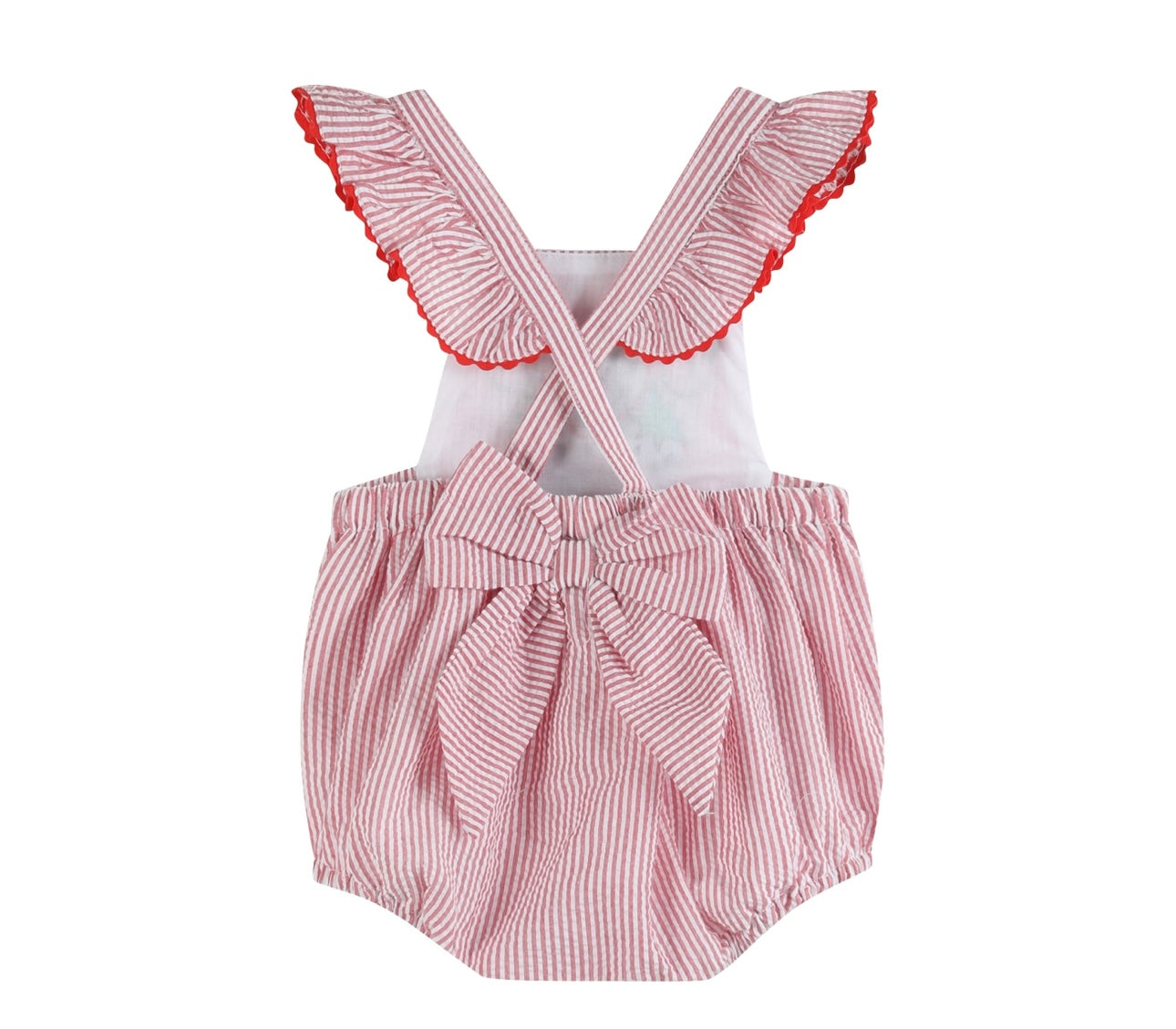Red Seersucker Strawberry Ruffle Romper
