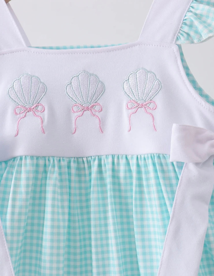 Blue Seashell Embroidered Ruffle Dress