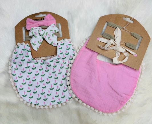 Pink Tulips Reversible Bib & Bow Set