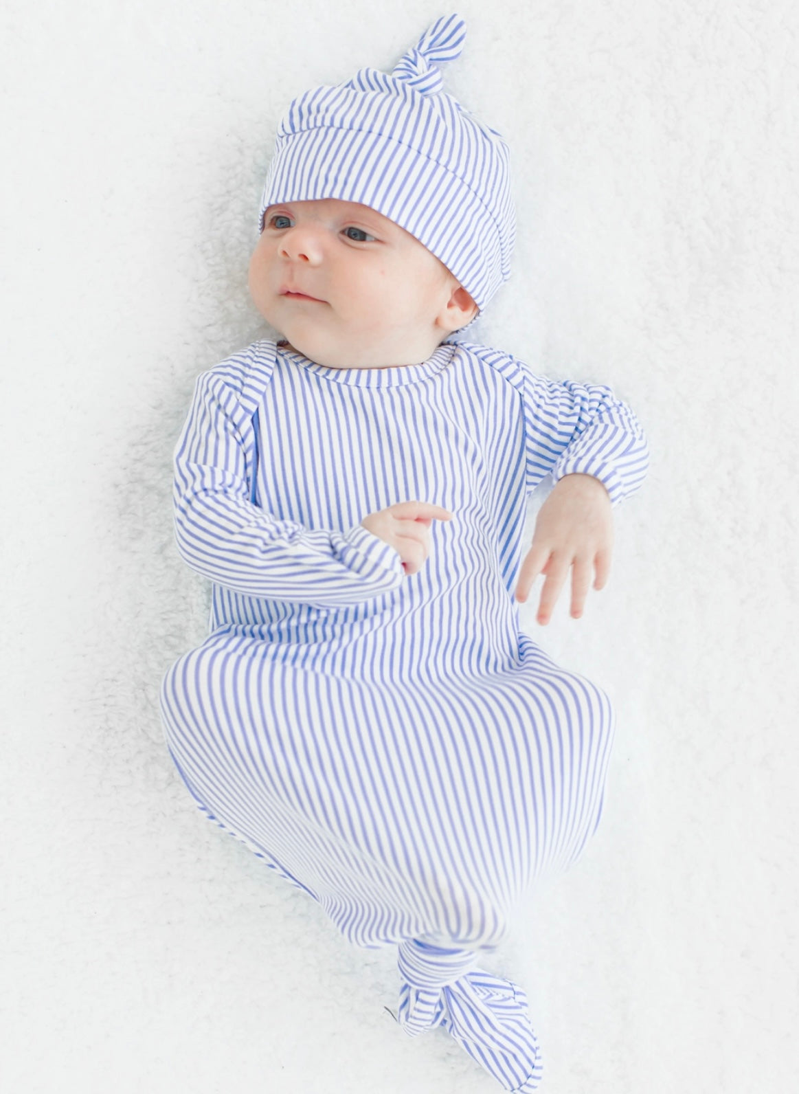 Blue & White Micro Stripe Knotted Sleep Gown & Hat Set