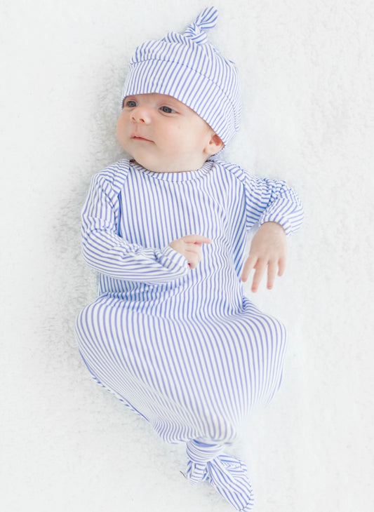 Blue & White Micro Stripe Knotted Sleep Gown & Hat Set