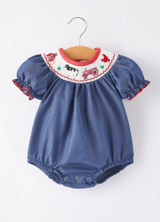 Farm Smocking Embroidered Blue Bubble