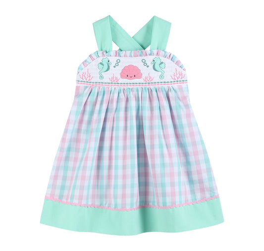 Pink & Aqua Seashell Smocked Sundress
