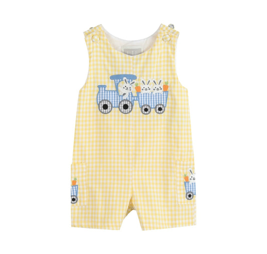 Yellow Gingham Bunny Train Shortalls