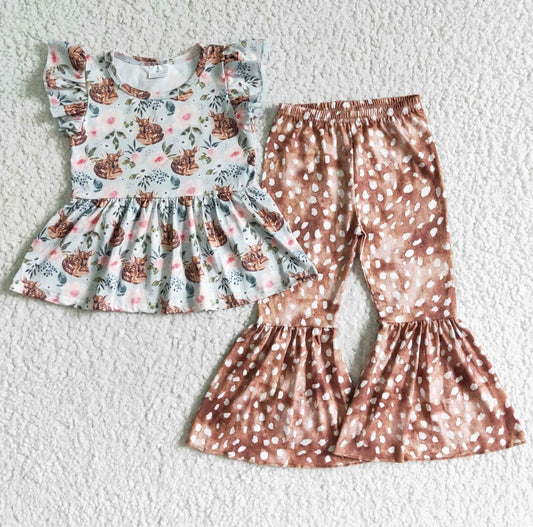 Deer Peplum Bell Bottom Pants Set