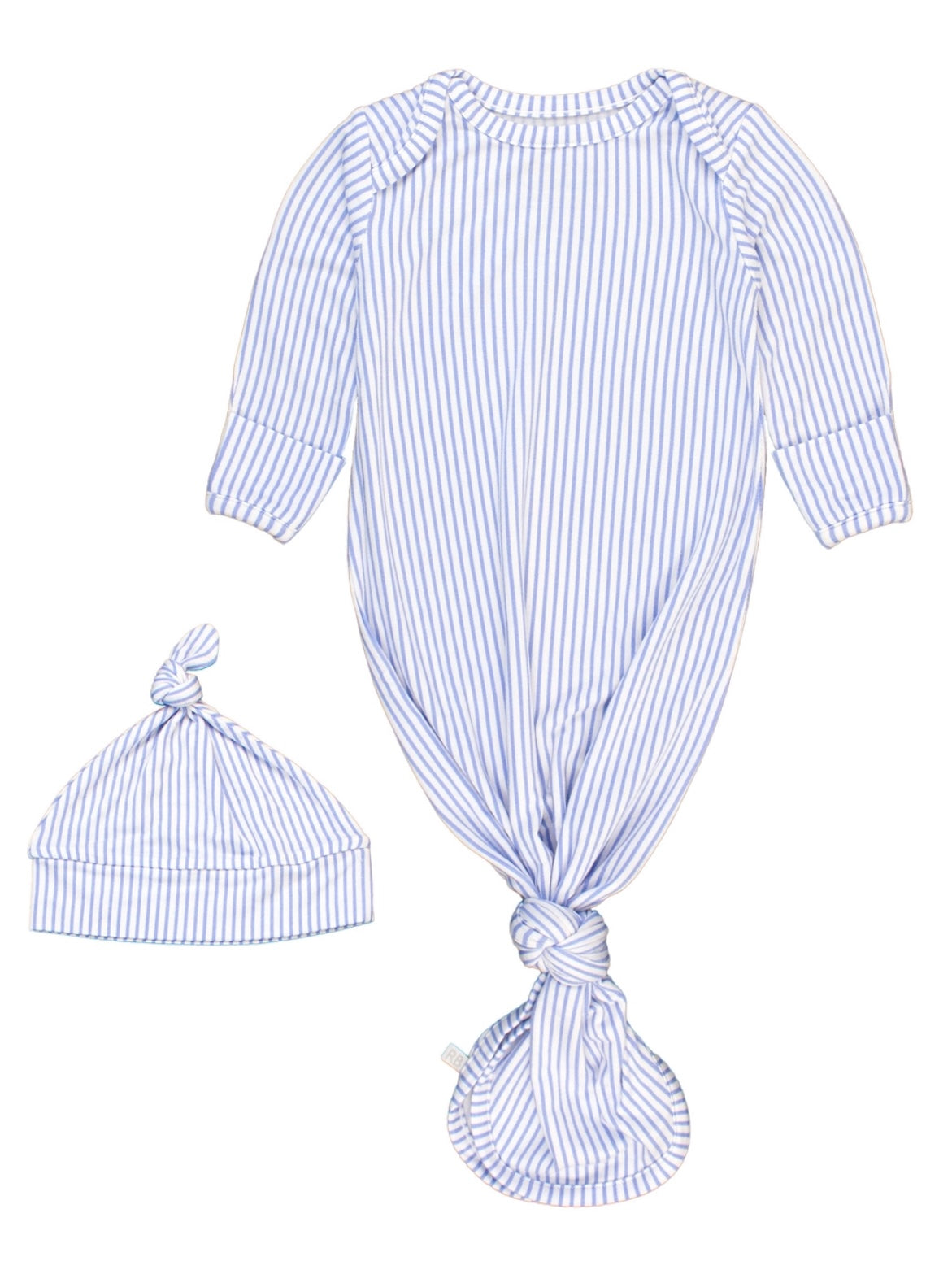 Blue & White Micro Stripe Knotted Sleep Gown & Hat Set