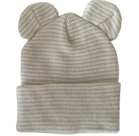 Baby’s First Hat, Sand/White Stripe Bear-Newborn