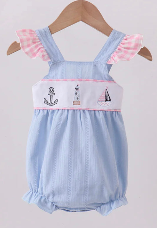 Blue Sailboat Embroidered Ruffle Bubble