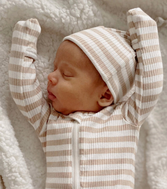 Tan Stripe/Organic Ribbed Beanie / One Size