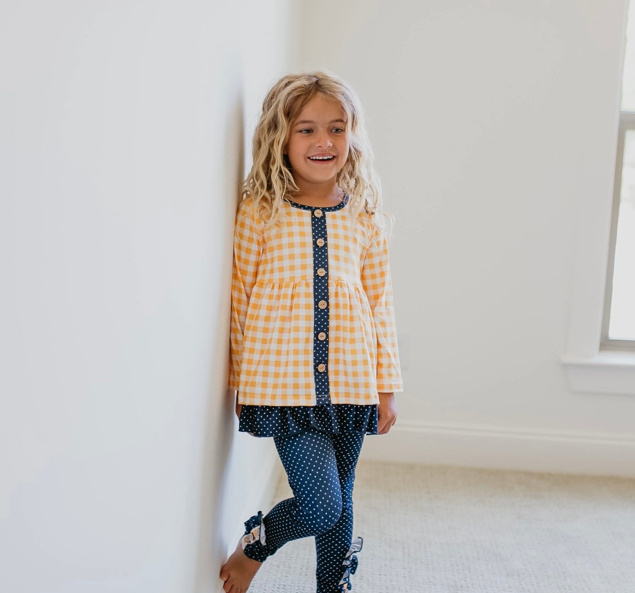 Navy & Mustard Gingham Button Pant Set