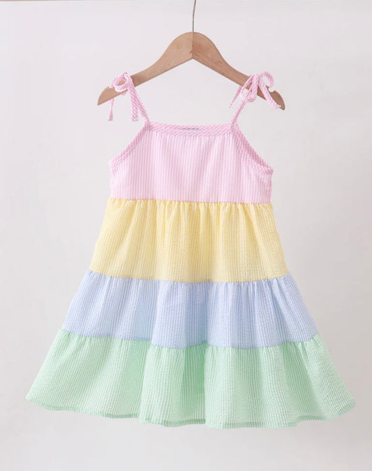 Blue Stripe Seersucker Tiered Dress
