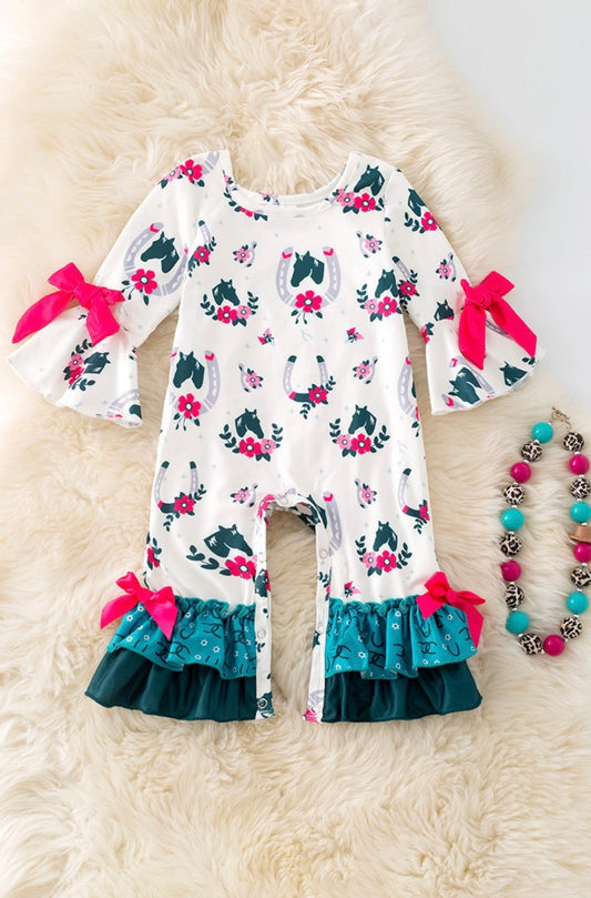 Horseshoe Printed Baby Romper w/ Ruffle Hem