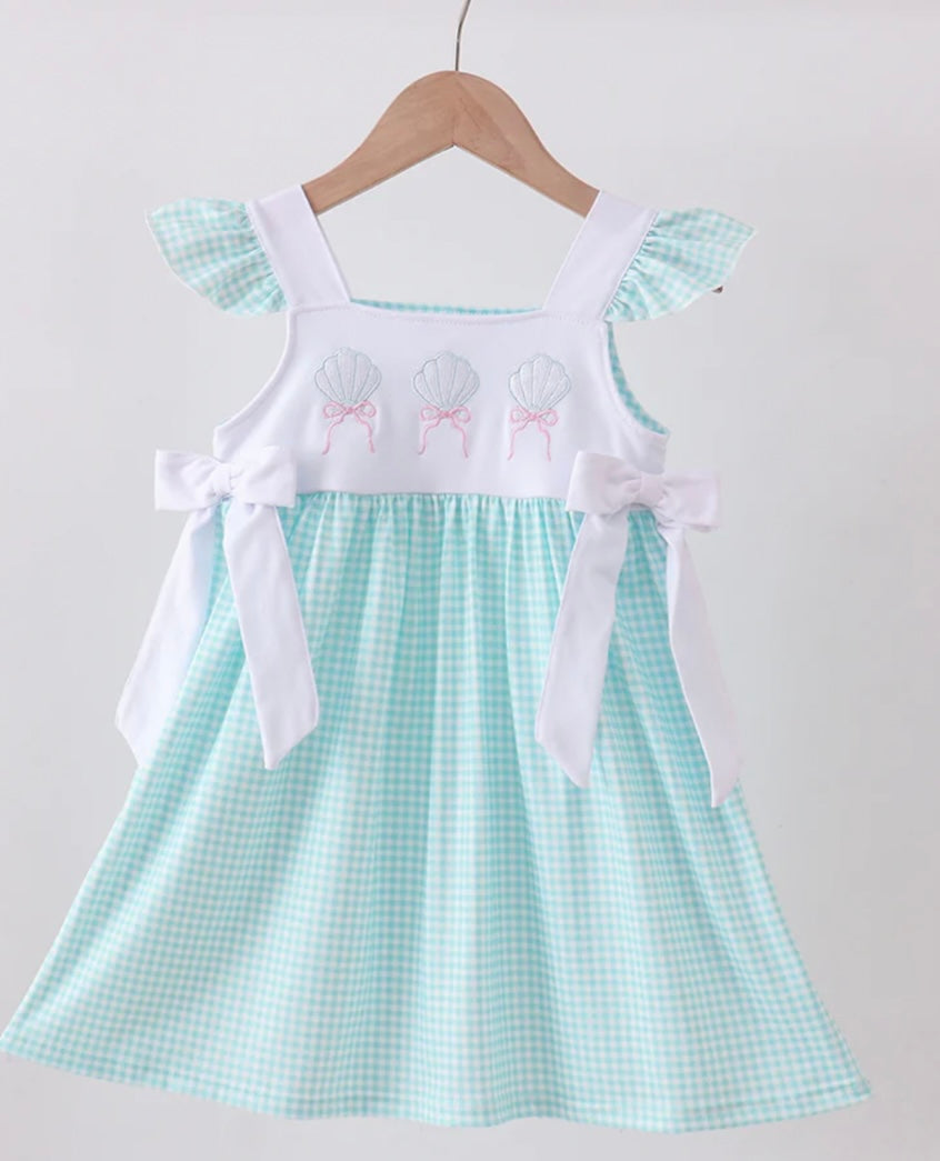 Blue Seashell Embroidered Ruffle Dress