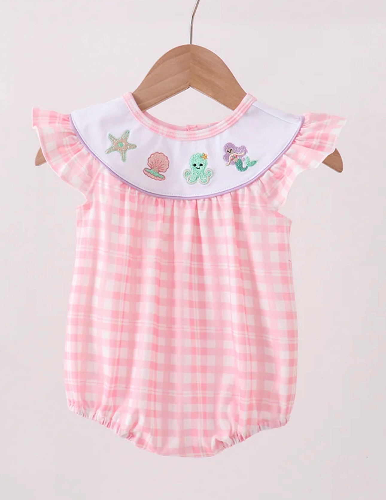 Pink Octopus Starfish Embroidered Plaid Bubble