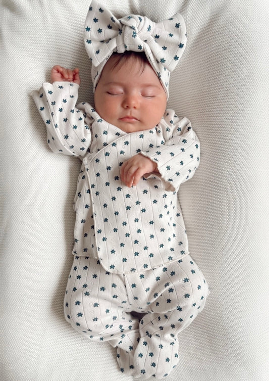 Blue Flower/Organic Pointelle Newborn Set