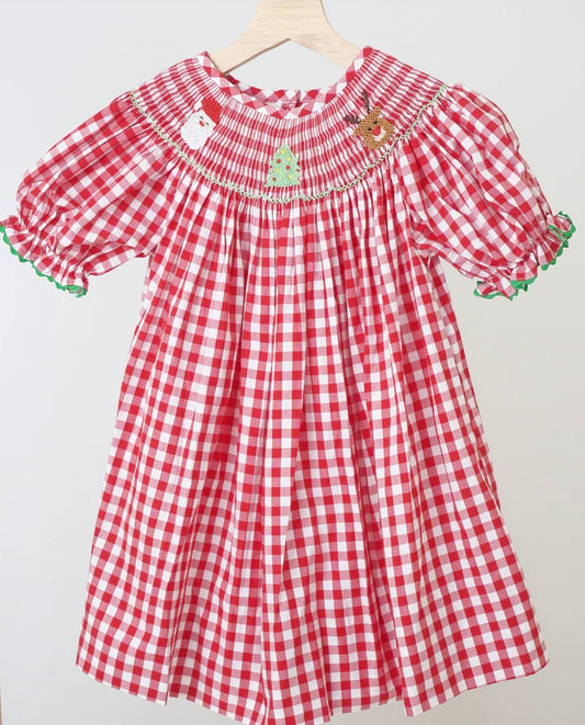Red Christmas Smocked Gingham  Dress