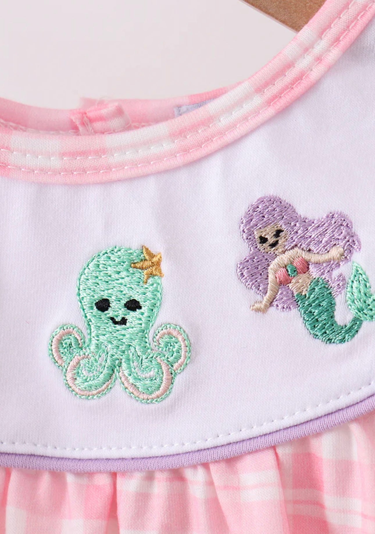 Pink Octopus Starfish Embroidered Plaid Bubble