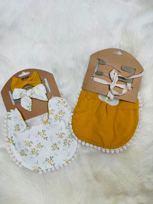 Cream & Yellow Floral Reversible Bib & Bow Set